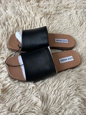 Steve Madden Black Wide Strap Slide Sandals for Women